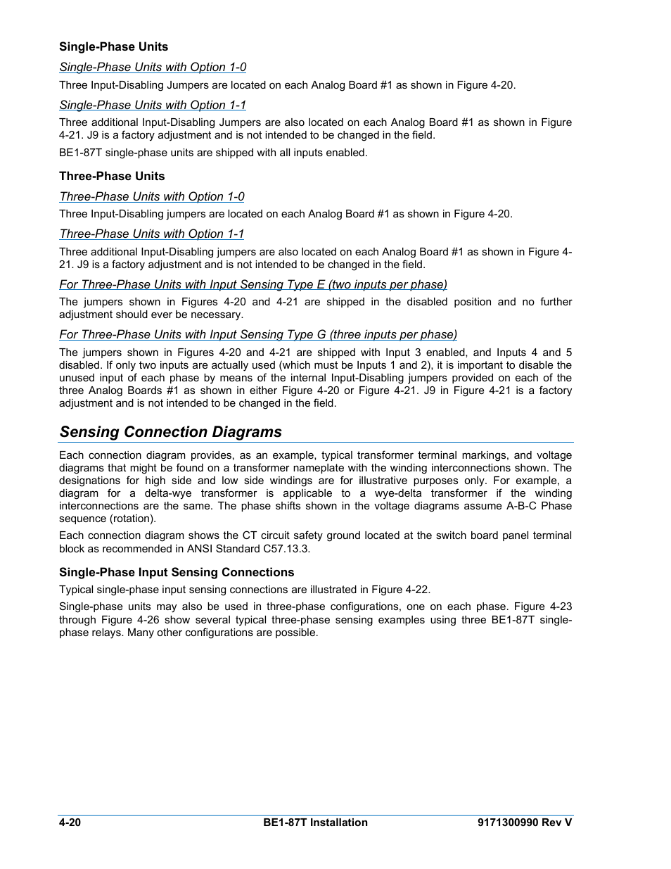 Single-phase units, Single-phase units with option 1-0, Single-phase units with option 1-1 | Three-phase units, Three-phase units with option 1-0, Three-phase units with option 1-1, Sensing connection diagrams, Single-phase input sensing connections, Single-phase units -20, Three-phase units -20 | Basler Electric BE1-87T User Manual | Page 62 / 140