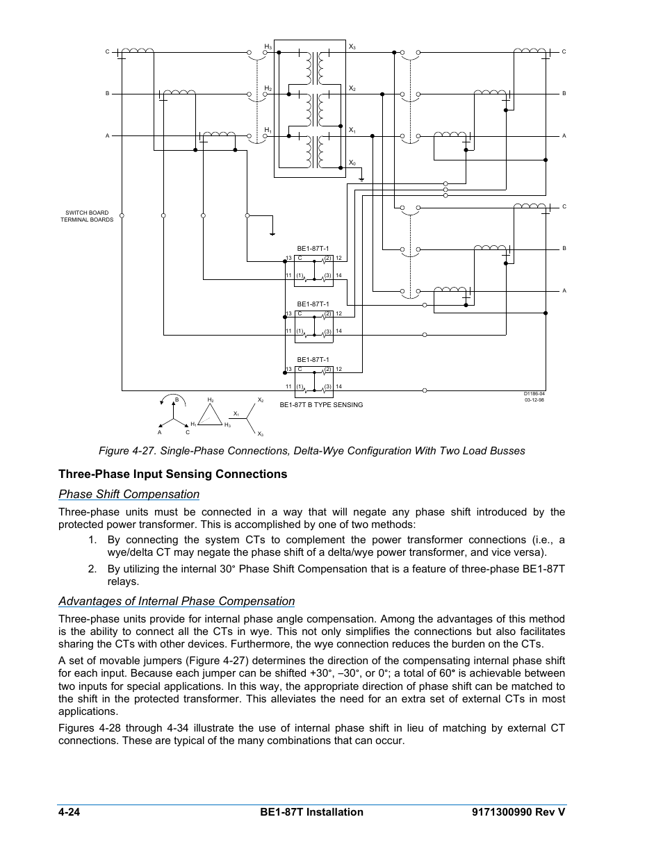 Three-phase input sensing connections, Phase shift compensation, Advantages of internal phase compensation | Three-phase input sensing connections -24 | Basler Electric BE1-87T User Manual | Page 66 / 140