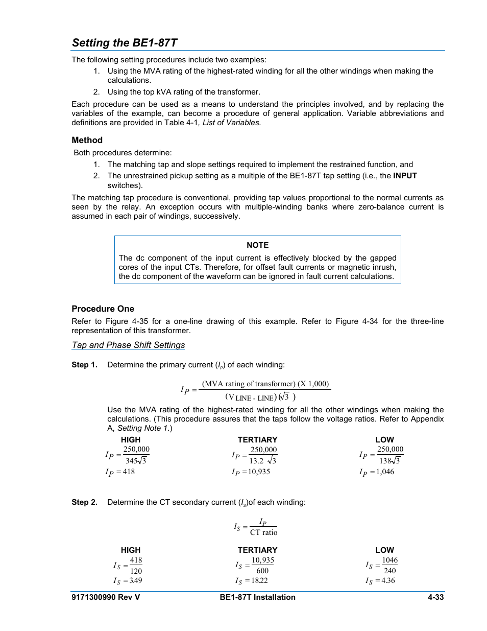 Setting the be1-87t, Method, Procedure one | Tap and phase shift settings, Setting the be1-87t -33, Method -33, Procedure one -33 | Basler Electric BE1-87T User Manual | Page 75 / 140