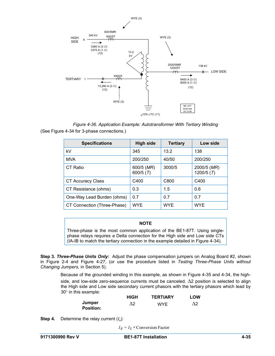 See figure 4-34 for 3-phase connections.) | Basler Electric BE1-87T User Manual | Page 77 / 140