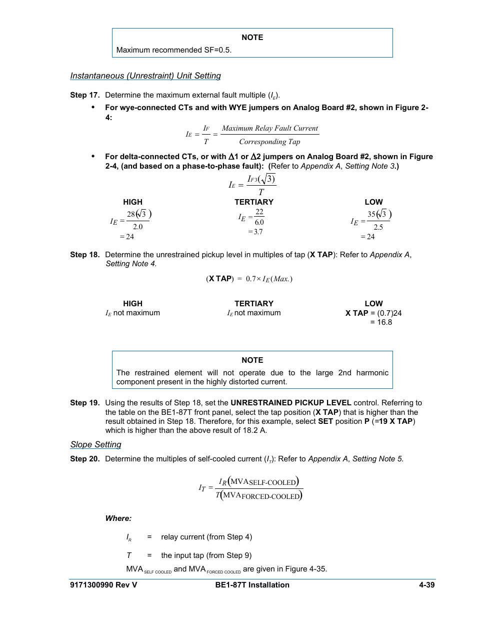 Instantaneous (unrestraint) unit setting, Slope setting | Basler Electric BE1-87T User Manual | Page 81 / 140