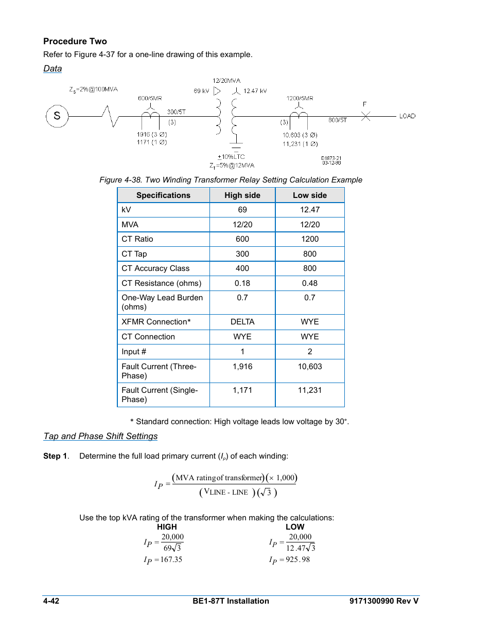 Procedure two, Data, Tap and phase shift settings | Procedure two -42 | Basler Electric BE1-87T User Manual | Page 84 / 140