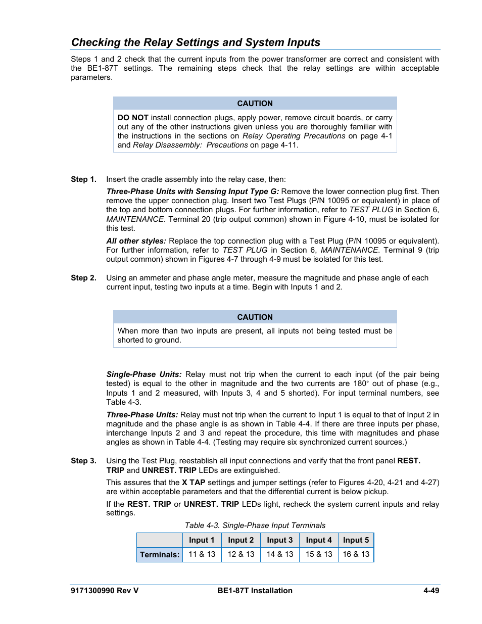 Checking the relay settings and system inputs, Checking the relay settings and system inputs -49, Table 4-3. single-phase input terminals | Basler Electric BE1-87T User Manual | Page 91 / 140