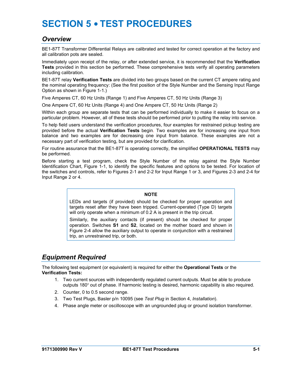 Overview, Equipment required, Section 5 • test procedures -1 | Overview -1, Equipment required -1 | Basler Electric BE1-87T User Manual | Page 97 / 140