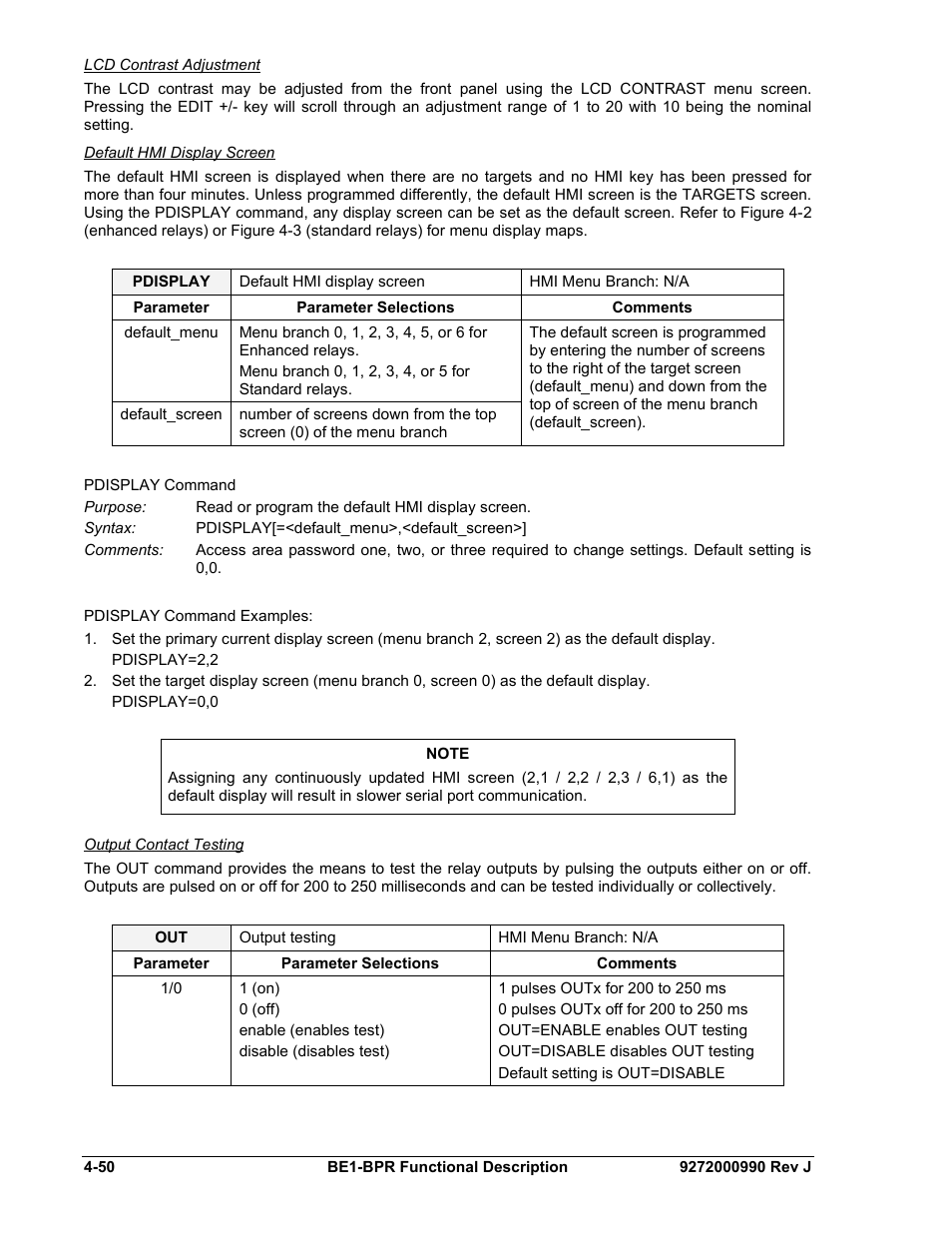 Lcd contrast adjustment, Default hmi display screen, Output contact testing | Basler Electric BE1-BPR User Manual | Page 102 / 182