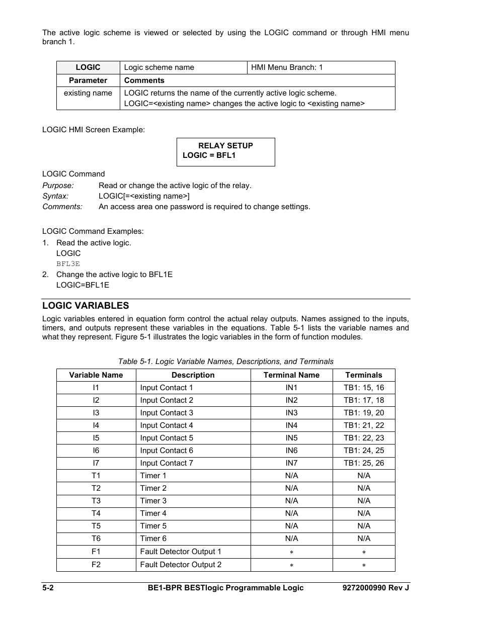 Logic variables, Logic variables -2 | Basler Electric BE1-BPR User Manual | Page 108 / 182