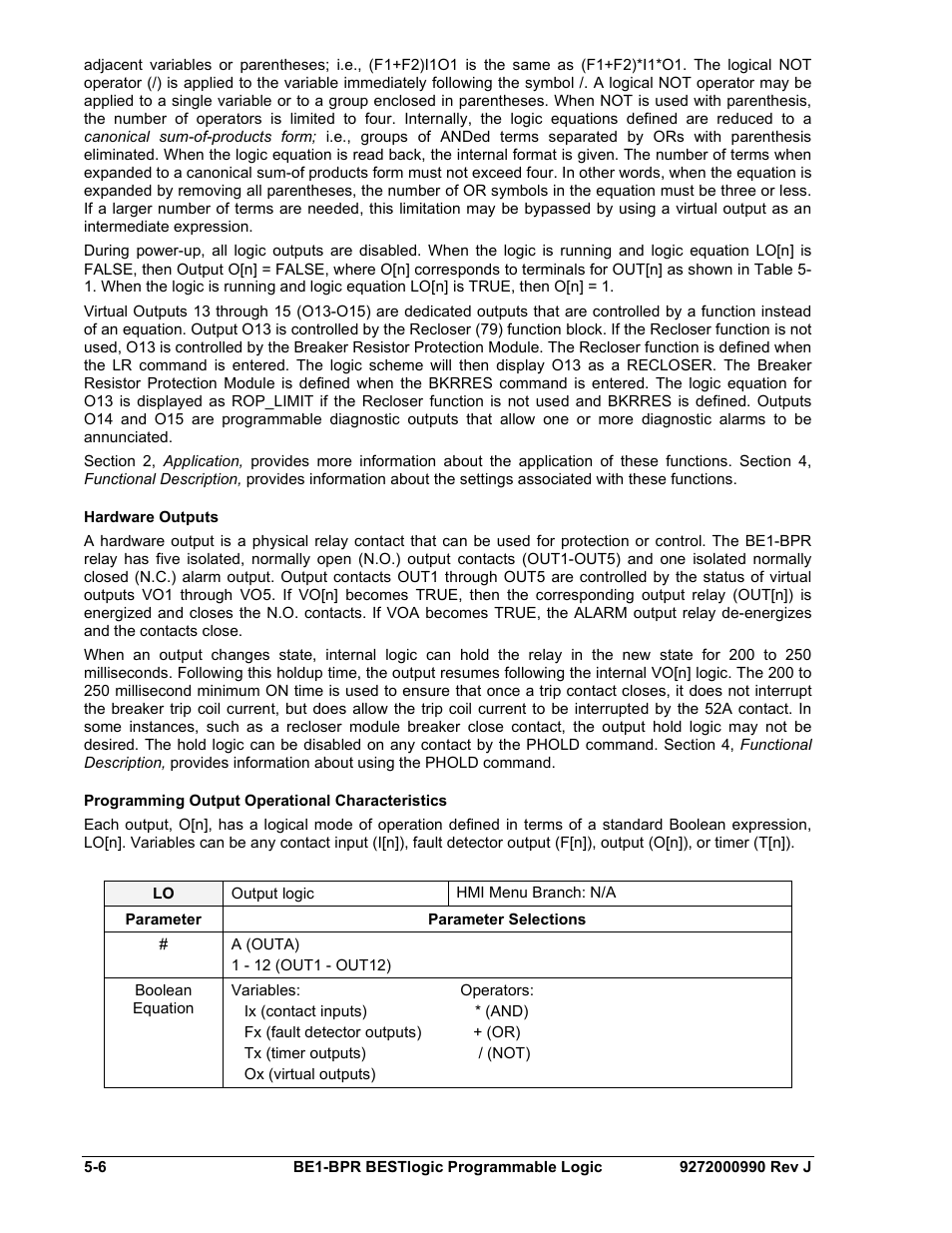 Hardware outputs, Programming output operational characteristics, Hardware outputs -6 | Programming output operational characteristics -6 | Basler Electric BE1-BPR User Manual | Page 112 / 182