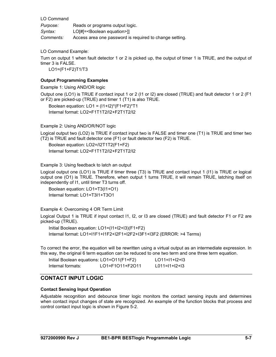 Output programming examples, Contact input logic, Contact sensing input operation | Output programming examples -7, Contact input logic -7, Contact sensing input operation -7 | Basler Electric BE1-BPR User Manual | Page 113 / 182