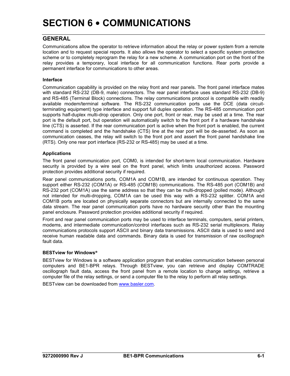 General, Interface, Applications | Bestview for windows, Section 6 • communications -1, General -1, Interface -1, Applications -1, Bestview for windows® -1 | Basler Electric BE1-BPR User Manual | Page 129 / 182