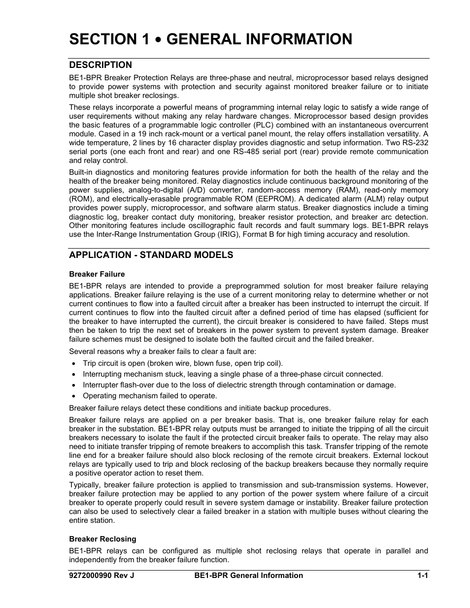 Description, Application - standard models, Breaker failure | Breaker reclosing, Section 1 • general information -1, Description -1, Application - standard models -1, Breaker failure -1, Breaker reclosing -1 | Basler Electric BE1-BPR User Manual | Page 13 / 182
