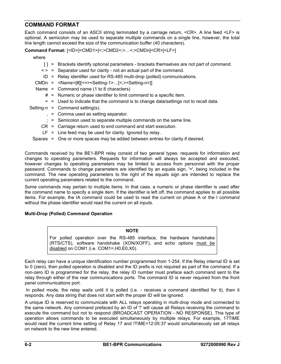 Command format, Multi-drop (polled) command operation, Command format -2 | Multi-drop (polled) command operation -2 | Basler Electric BE1-BPR User Manual | Page 130 / 182