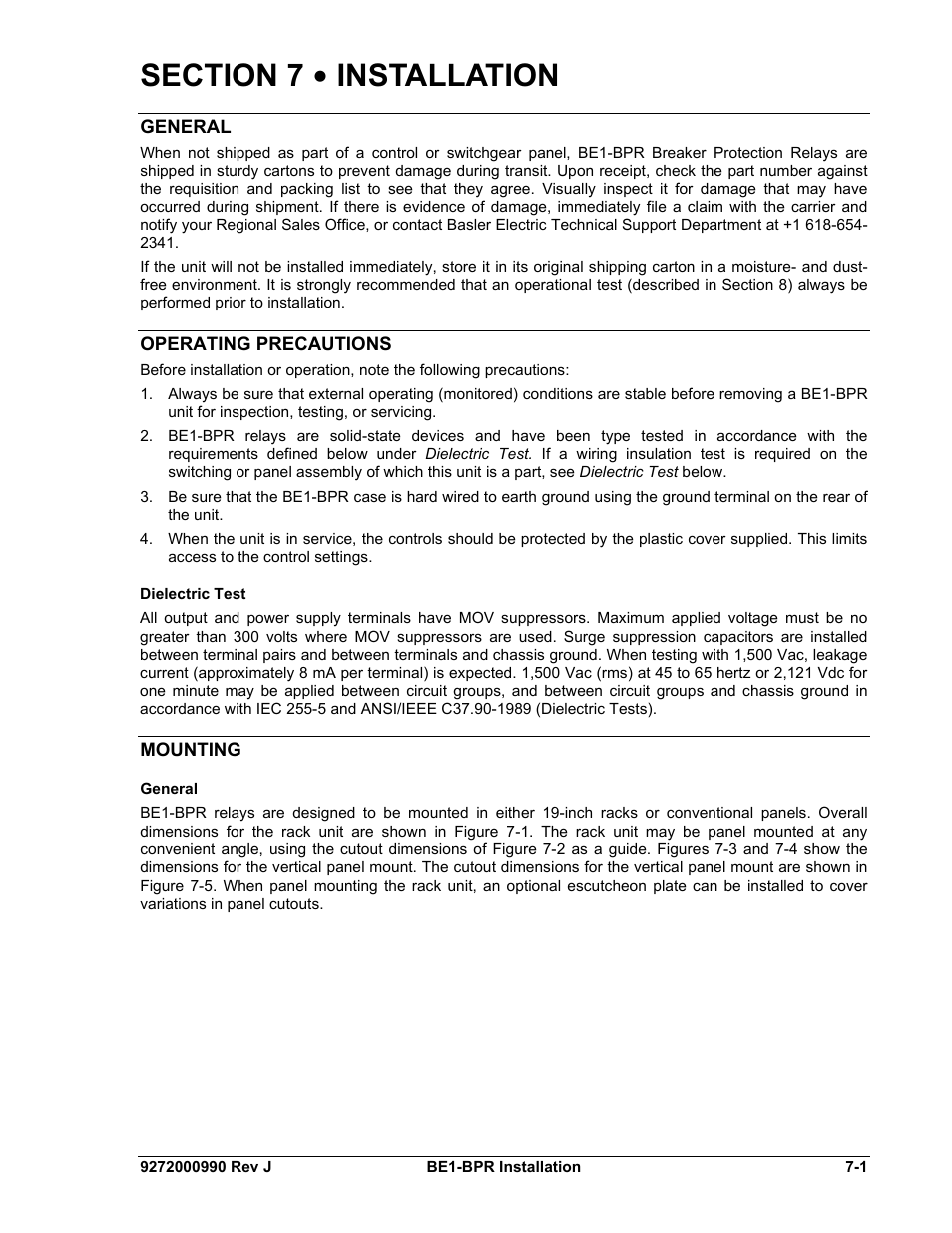 General, Operating precautions, Dielectric test | Mounting, Section 7 • installation -1, General -1, Operating precautions -1, Dielectric test -1, Mounting -1 | Basler Electric BE1-BPR User Manual | Page 141 / 182