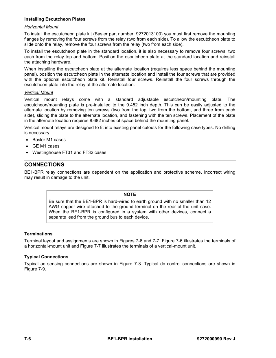 Installing escutcheon plates, Horizontal mount, Vertical mount | Connections, Terminations, Typical connections, Installing escutcheon plates -6, Connections -6, Terminations -6, Typical connections -6 | Basler Electric BE1-BPR User Manual | Page 146 / 182