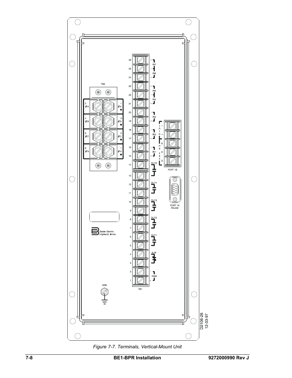 Figure 7-7. terminals, vertical-mount unit | Basler Electric BE1-BPR User Manual | Page 148 / 182