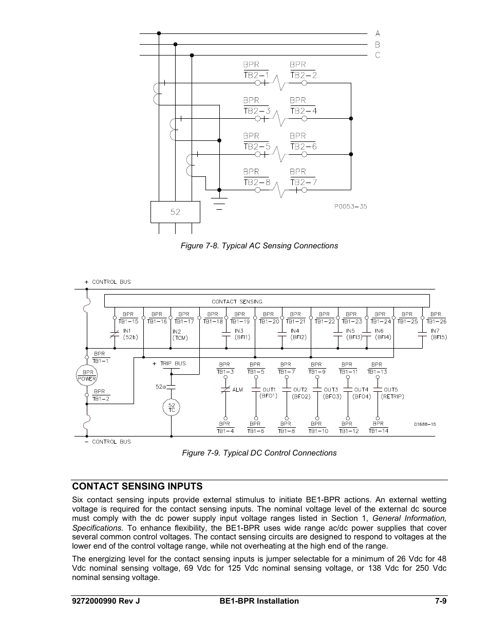 Contact sensing inputs, Contact sensing inputs -9, Figure 7-8. typical ac sensing connections | Figure 7-9. typical dc control connections | Basler Electric BE1-BPR User Manual | Page 149 / 182
