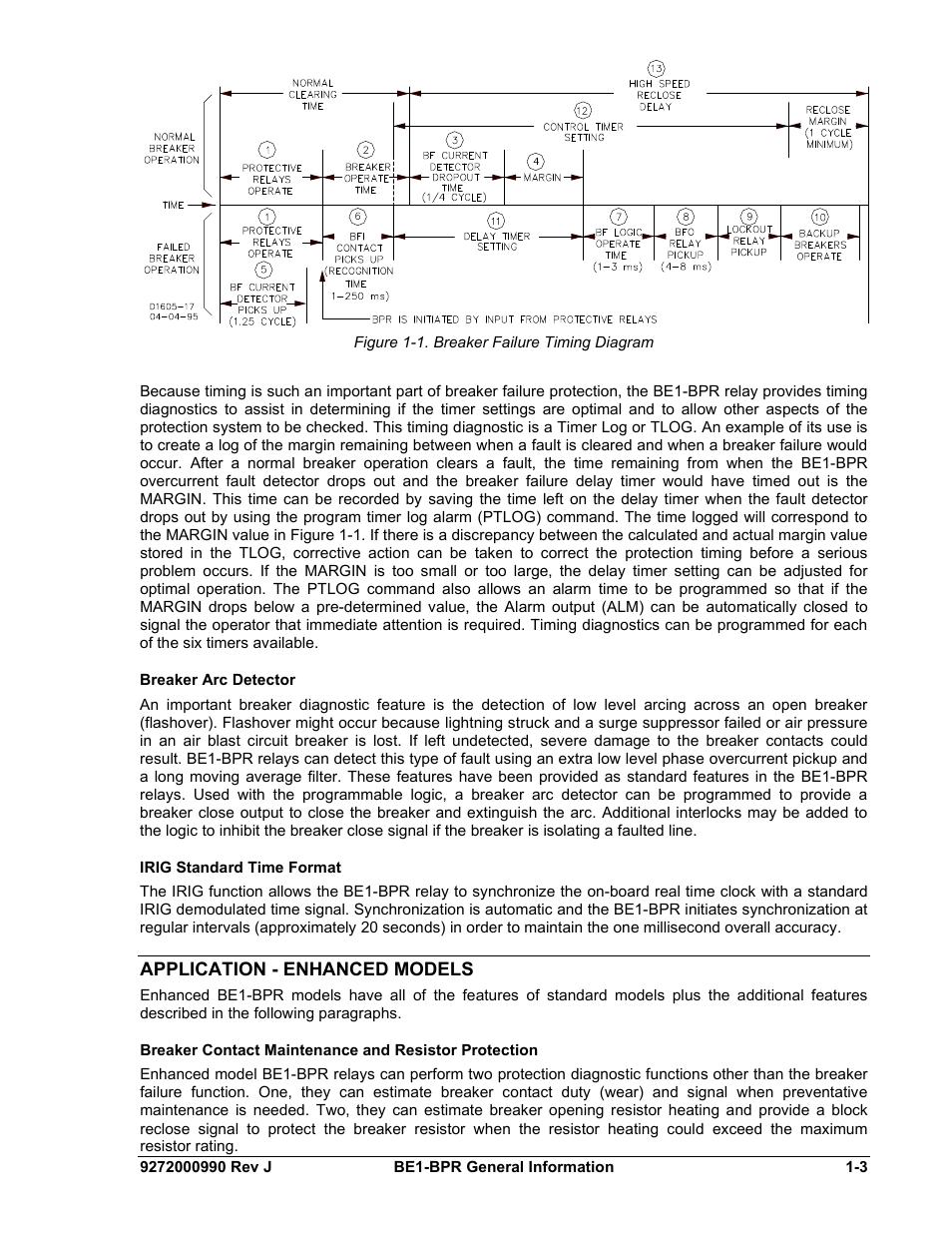 Breaker arc detector, Irig standard time format, Application - enhanced models | Breaker arc detector -3, Irig standard time format -3, Application - enhanced models -3, Figure 1-1. breaker failure timing diagram | Basler Electric BE1-BPR User Manual | Page 15 / 182