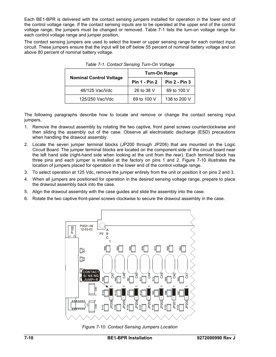 Figure 7-10. contact sensing jumpers location, Table 7-1. contact sensing turn-on voltage | Basler Electric BE1-BPR User Manual | Page 150 / 182