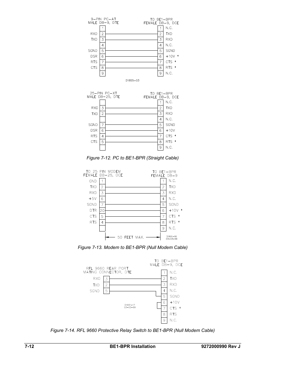 Figure 7-12. pc to be1-bpr (straight cable), Figure 7-13. modem to be1-bpr (null modem cable) | Basler Electric BE1-BPR User Manual | Page 152 / 182