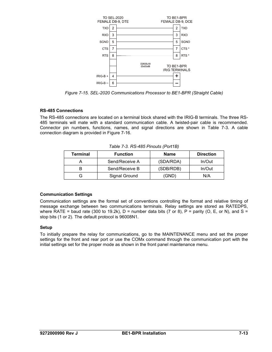Rs-485 connections, Communication settings, Setup | Rs-485 connections -13, Communication settings -13, Setup -13, Table 7-3. rs-485 pinouts (port1b) | Basler Electric BE1-BPR User Manual | Page 153 / 182