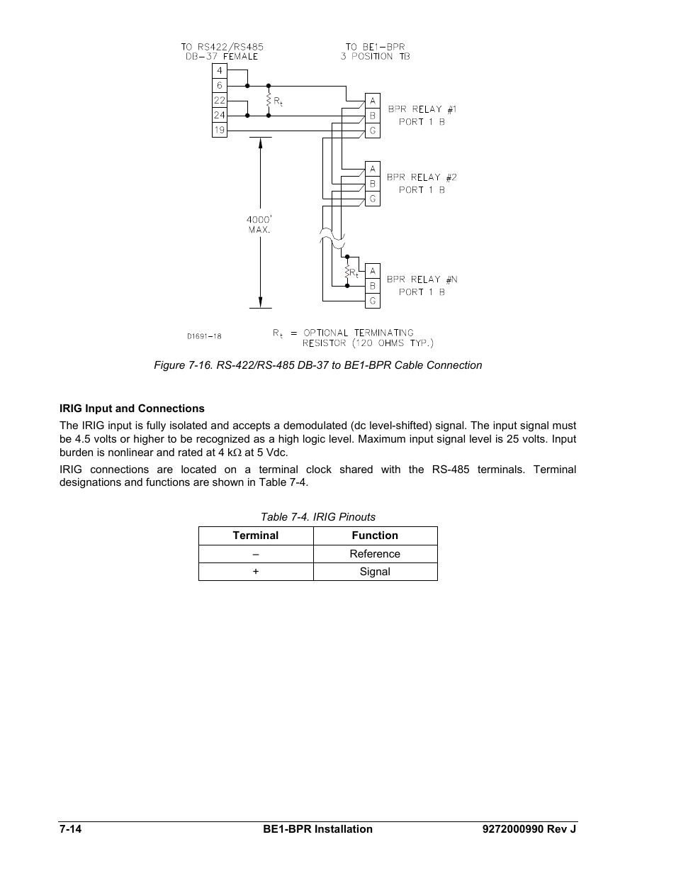 Irig input and connections, Irig input and connections -14, Table 7-4. irig pinouts | Basler Electric BE1-BPR User Manual | Page 154 / 182