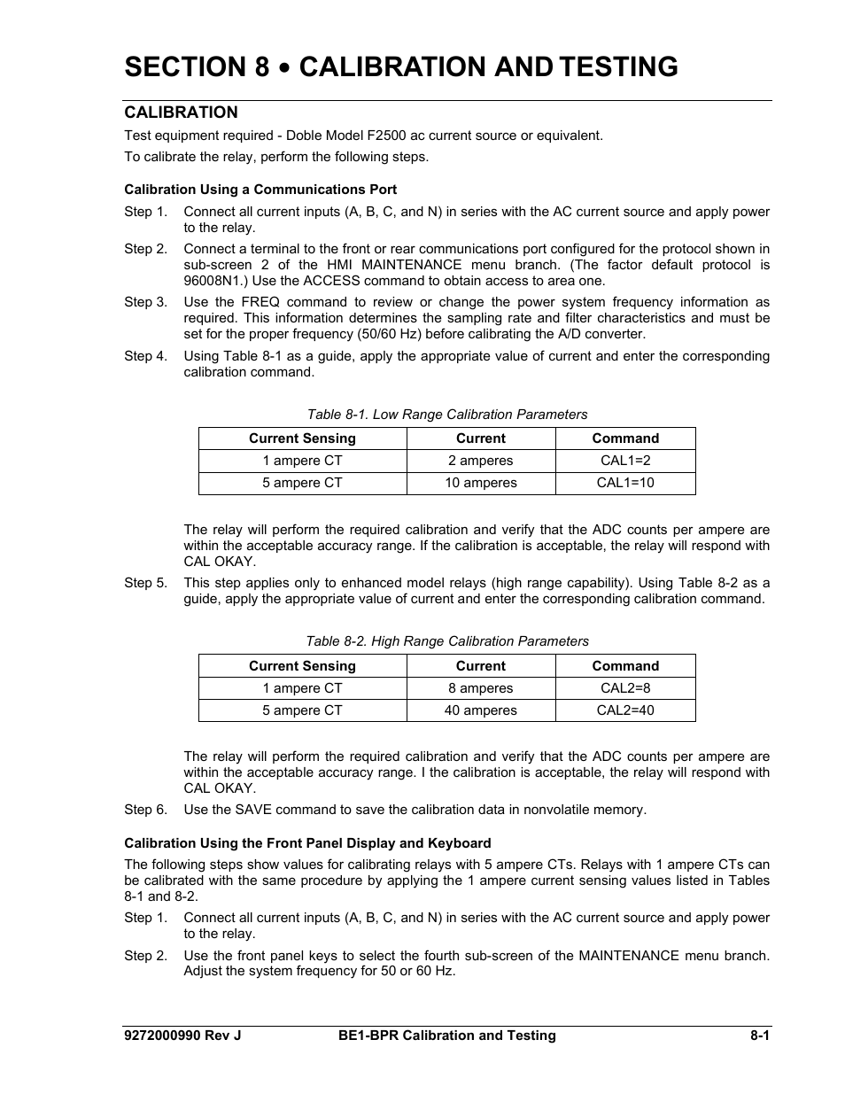 Calibration, Calibration using a communications port, Section 8 • calibration and testing -1 | Calibration -1, Calibration using a communications port -1, Table 8-1. low range calibration parameters, Table 8-2. high range calibration parameters | Basler Electric BE1-BPR User Manual | Page 157 / 182