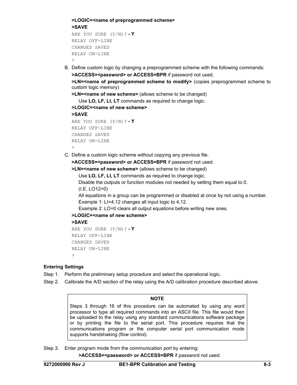 Entering settings, Entering settings -3 | Basler Electric BE1-BPR User Manual | Page 159 / 182