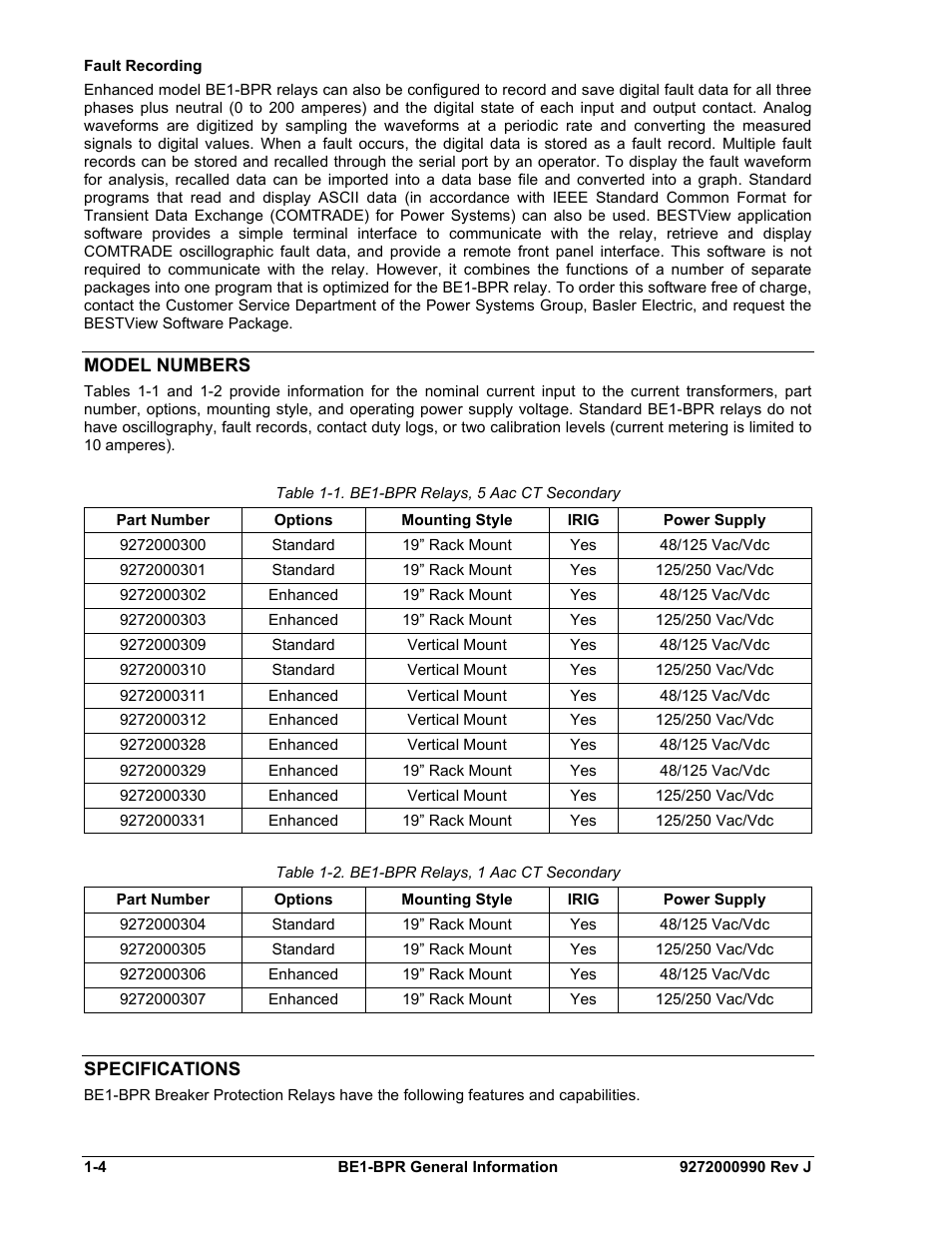 Fault recording, Model numbers, Specifications | Fault recording -4, Model numbers -4, Specifications -4, Table 1-1. be1-bpr relays, 5 aac ct secondary, Table 1-2. be1-bpr relays, 1 aac ct secondary | Basler Electric BE1-BPR User Manual | Page 16 / 182