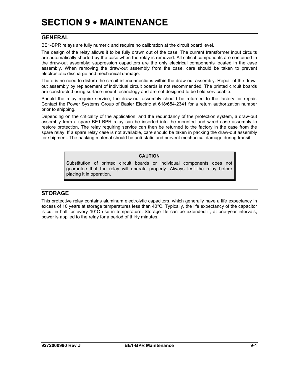 General, Storage, Section 9 • maintenance -1 | General -1, Storage -1 | Basler Electric BE1-BPR User Manual | Page 163 / 182