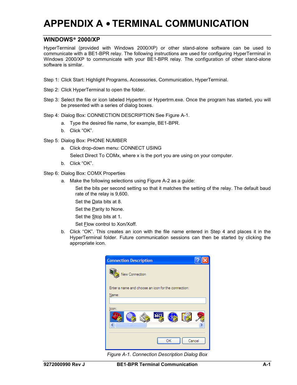 Windows® 2000/xp, Figure a-1. connection description dialog box, Appendix a • terminal communication | Basler Electric BE1-BPR User Manual | Page 167 / 182