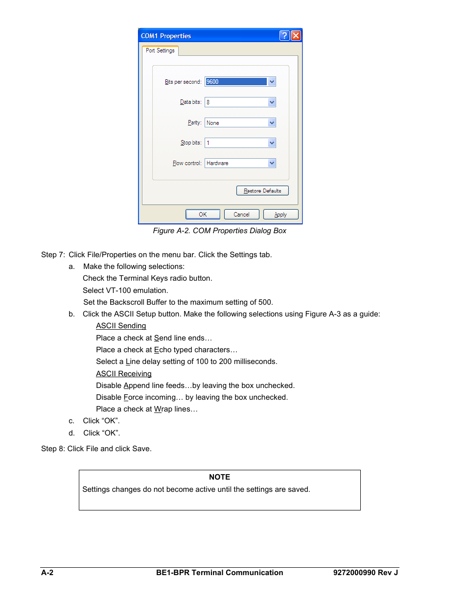 Figure a-2. com properties dialog box | Basler Electric BE1-BPR User Manual | Page 168 / 182