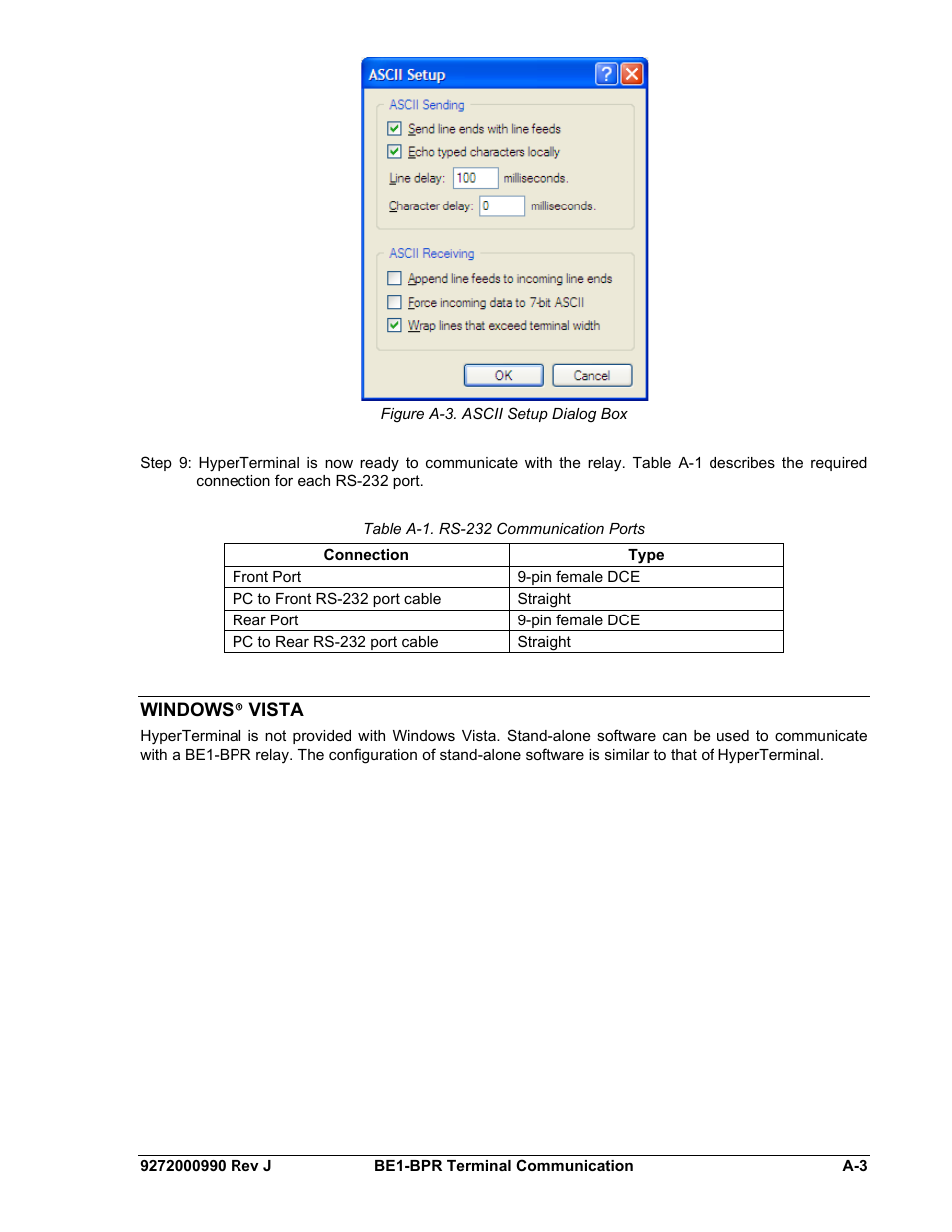 Windows® vista, Figure a-3. ascii setup dialog box, Table a-1. rs-232 communication ports | Basler Electric BE1-BPR User Manual | Page 169 / 182