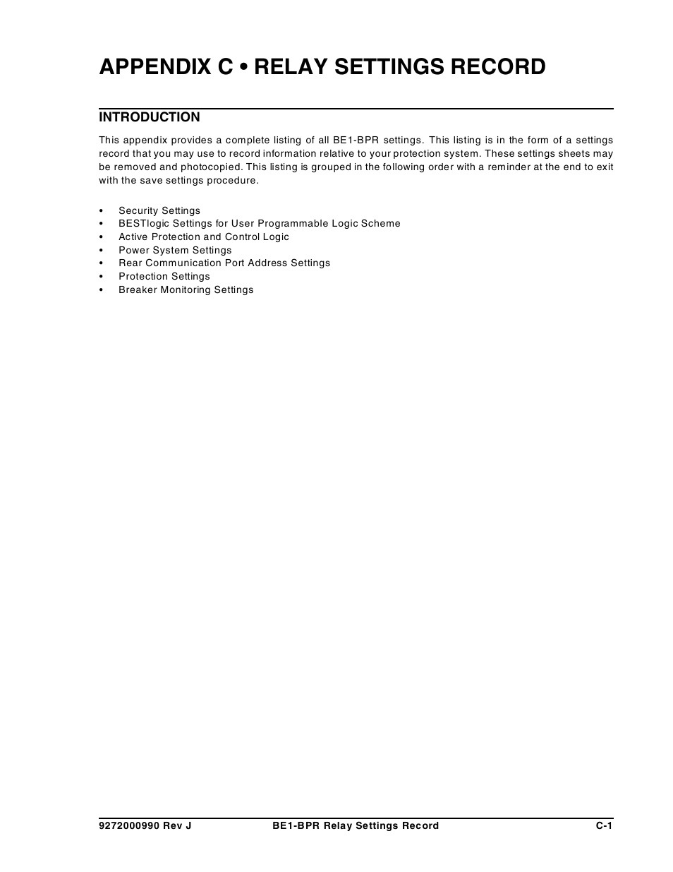 C • relay settings record, Appendix c, Appendix c • relay settings record | Basler Electric BE1-BPR User Manual | Page 175 / 182