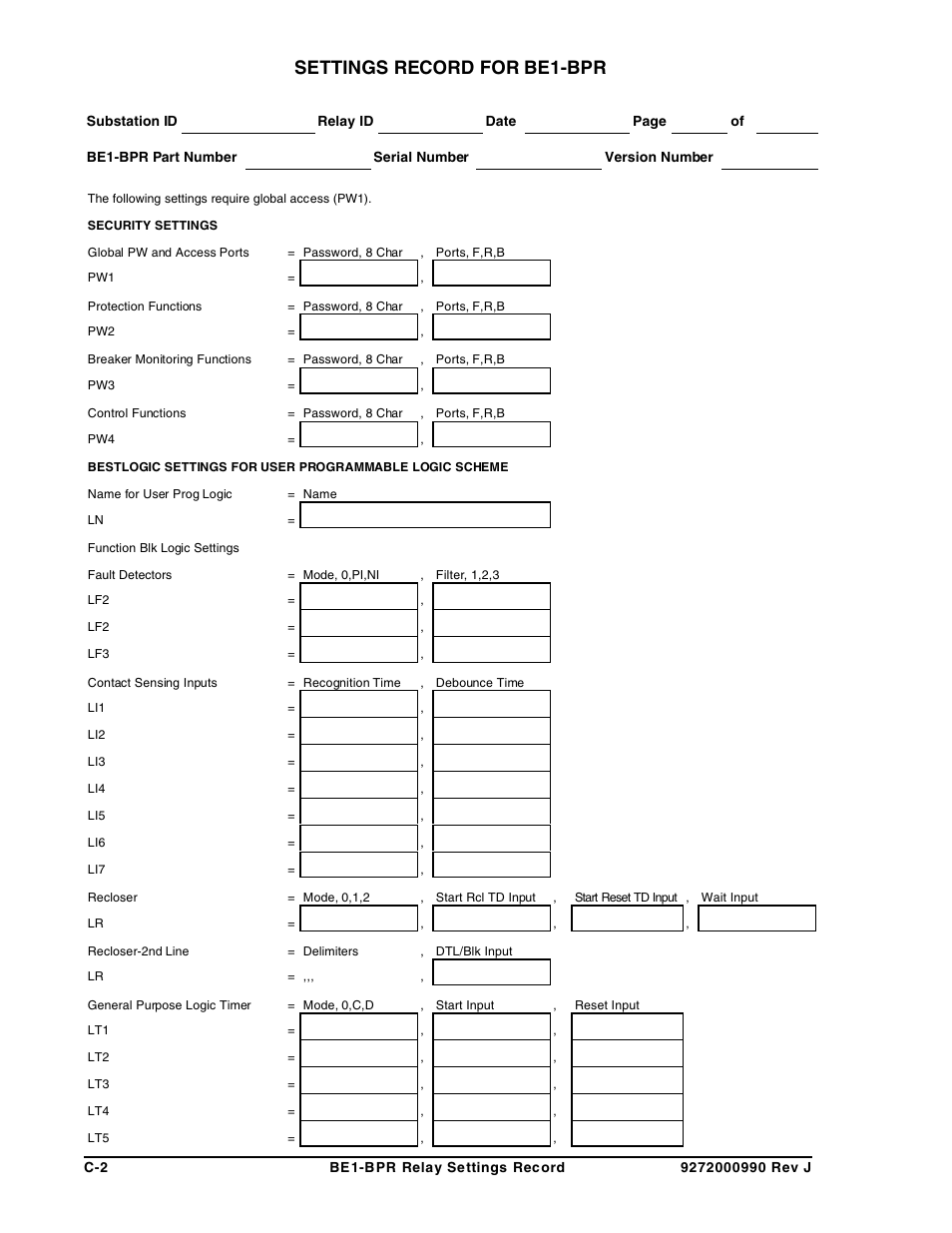 Settings record for be1-bpr | Basler Electric BE1-BPR User Manual | Page 176 / 182