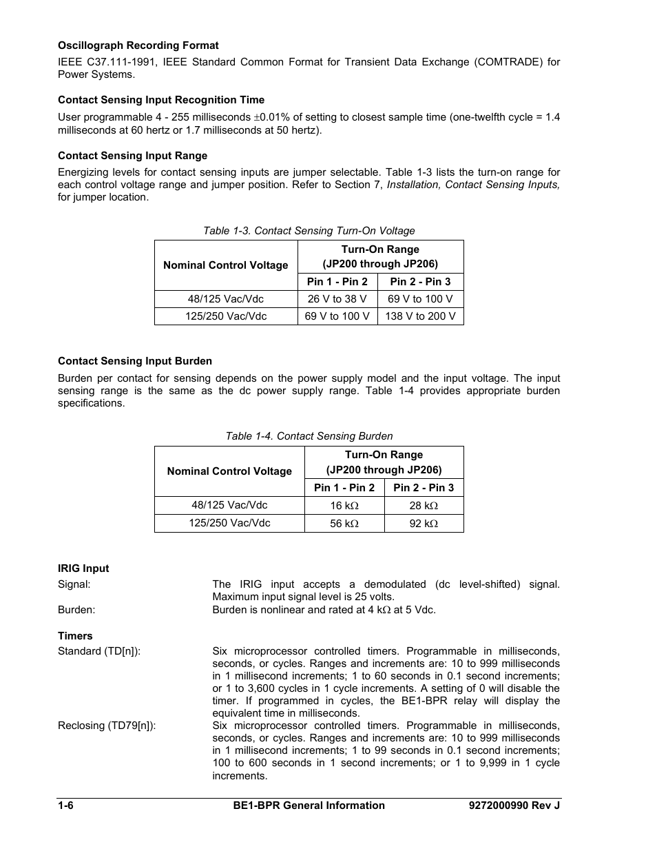 Oscillograph recording format, Contact sensing input recognition time, Contact sensing input range | Contact sensing input burden, Irig input, Timers, Oscillograph recording format -6, Contact sensing input recognition time -6, Contact sensing input range -6, Contact sensing input burden -6 | Basler Electric BE1-BPR User Manual | Page 18 / 182