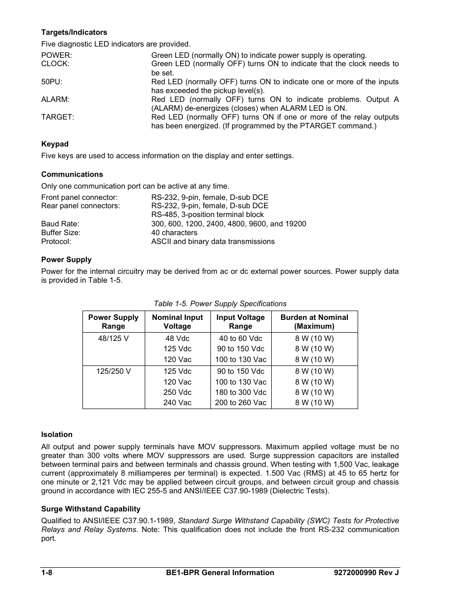 Targets/indicators, Keypad, Communications | Power supply, Isolation, Surge withstand capability, Targets/indicators -8, Keypad -8, Communications -8, Power supply -8 | Basler Electric BE1-BPR User Manual | Page 20 / 182