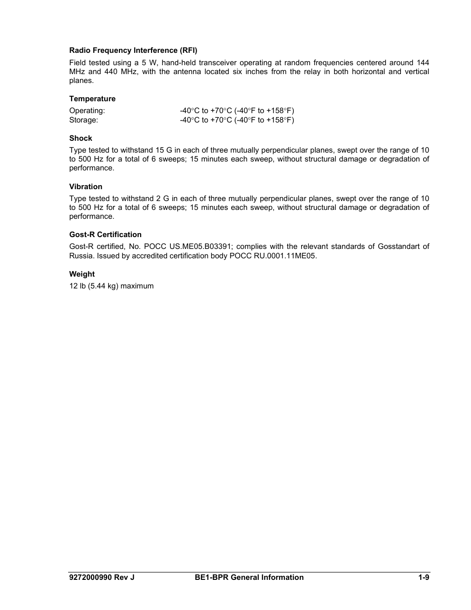 Radio frequency interference (rfi), Temperature, Shock | Vibration, Gost-r certification, Weight, Radio frequency interference (rfi) -9, Temperature -9, Shock -9, Vibration -9 | Basler Electric BE1-BPR User Manual | Page 21 / 182