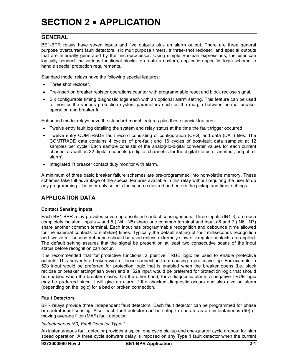 General, Application data, Contact sensing inputs | Fault detectors, Instantaneous (50) fault detector type 1, Section 2 • application -1, General -1, Application data -1, Contact sensing inputs -1, Fault detectors -1 | Basler Electric BE1-BPR User Manual | Page 25 / 182
