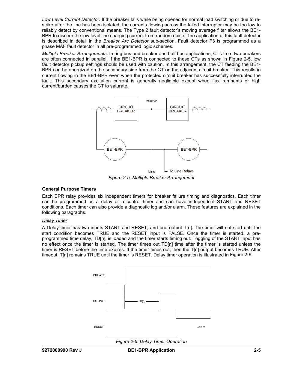 General purpose timers, Delay timer, General purpose timers -5 | Figure 2-5. multiple breaker arrangement, Figure 2-6. delay timer operation | Basler Electric BE1-BPR User Manual | Page 29 / 182