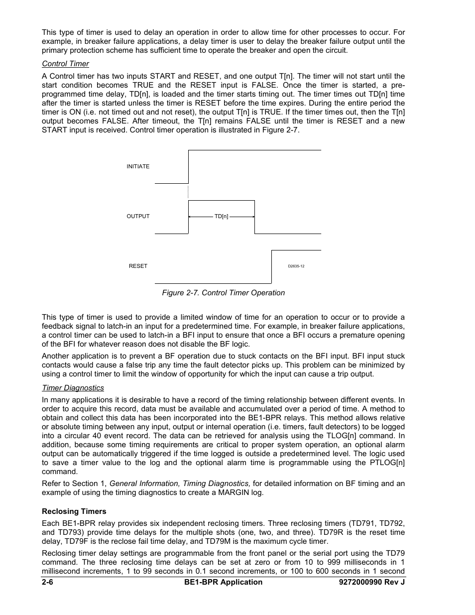 Control timer, Timer diagnostics, Reclosing timers | Reclosing timers -6, Figure 2-7. control timer operation | Basler Electric BE1-BPR User Manual | Page 30 / 182