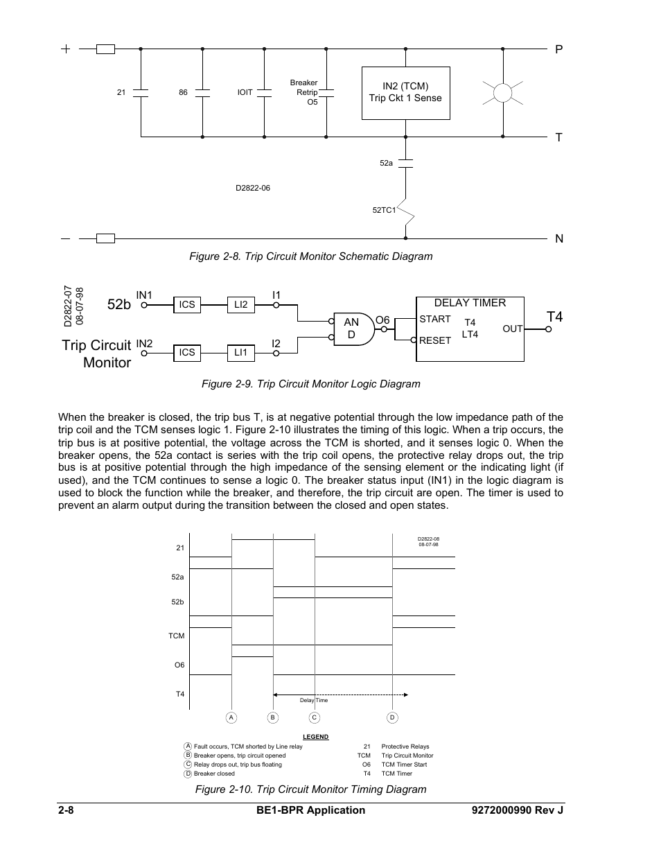 Figure 2-8. trip circuit monitor schematic diagram, Figure 2-9. trip circuit monitor logic diagram, Figure 2-10. trip circuit monitor timing diagram | 52b trip circuit monitor | Basler Electric BE1-BPR User Manual | Page 32 / 182
