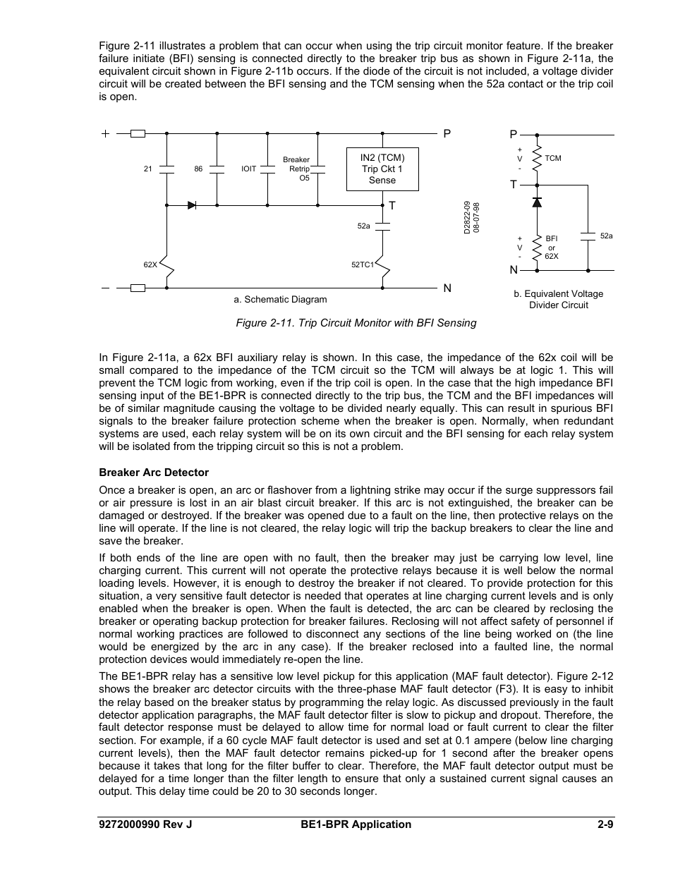 Breaker arc detector, Breaker arc detector -9, Figure 2-11. trip circuit monitor with bfi sensing | Basler Electric BE1-BPR User Manual | Page 33 / 182