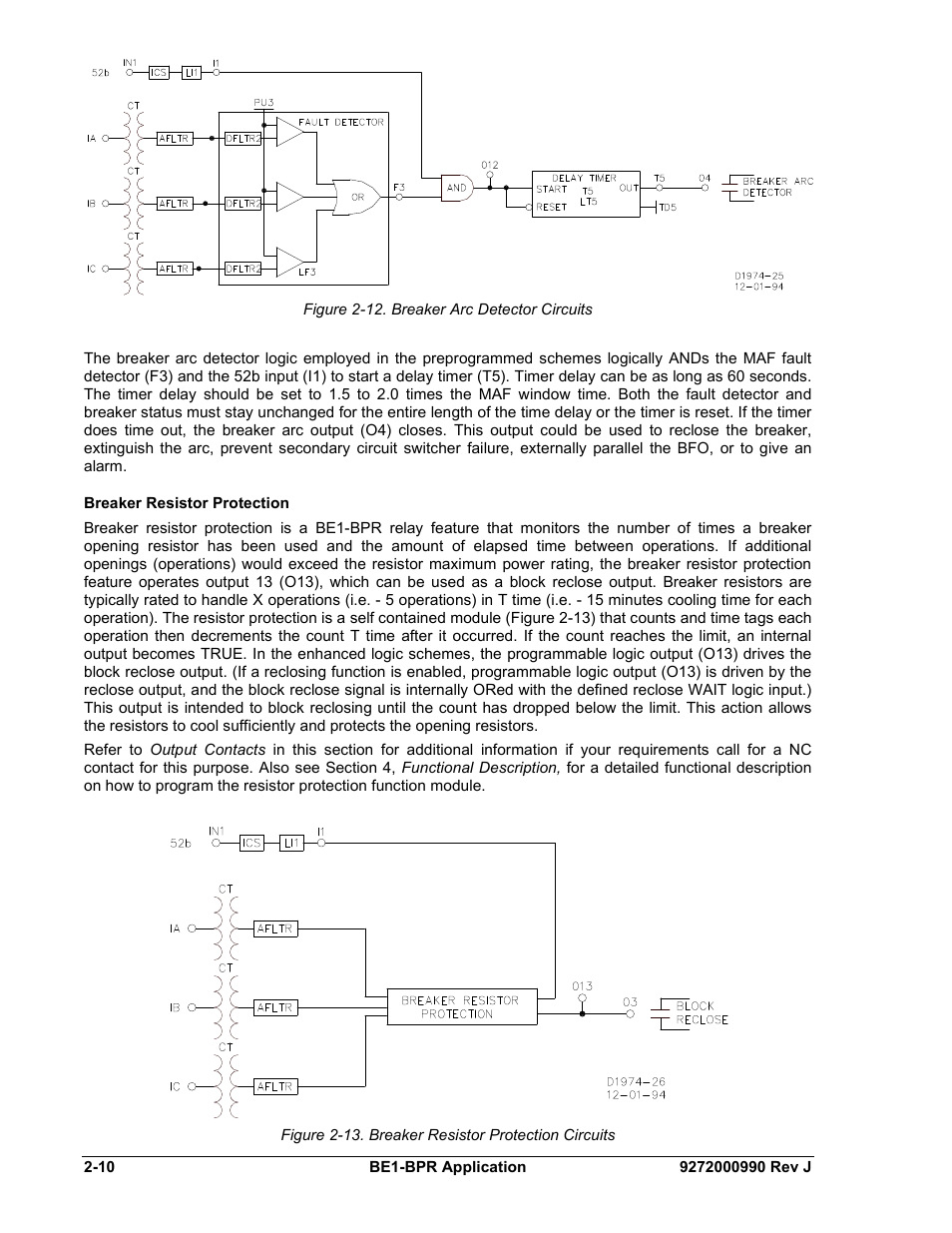 Breaker resistor protection, Breaker resistor protection -10, Figure 2-12. breaker arc detector circuits | Figure 2-13. breaker resistor protection circuits | Basler Electric BE1-BPR User Manual | Page 34 / 182