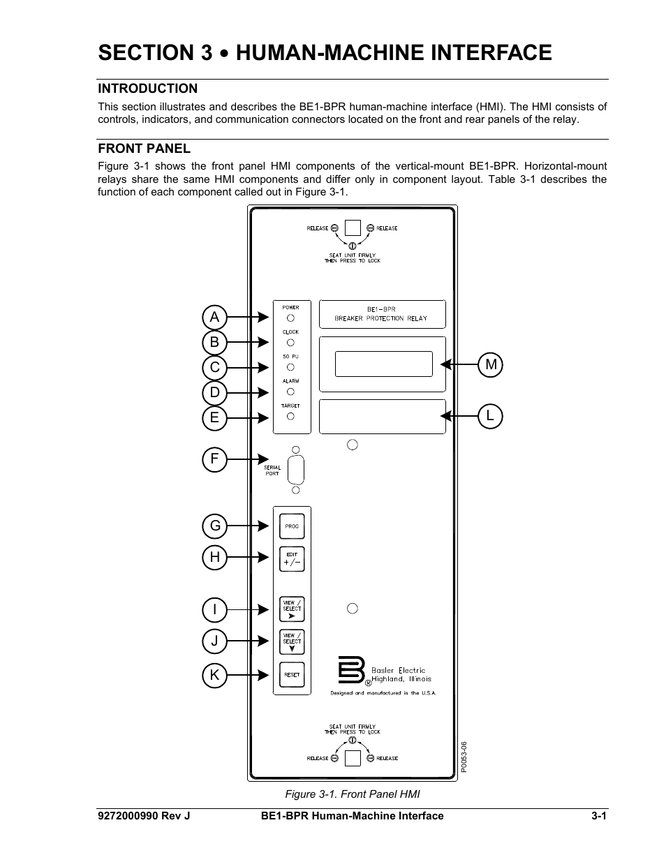 Introduction, Front panel, Section 3 • human-machine interface -1 | Introduction -1, Front panel -1, Figure 3-1. front panel hmi | Basler Electric BE1-BPR User Manual | Page 47 / 182