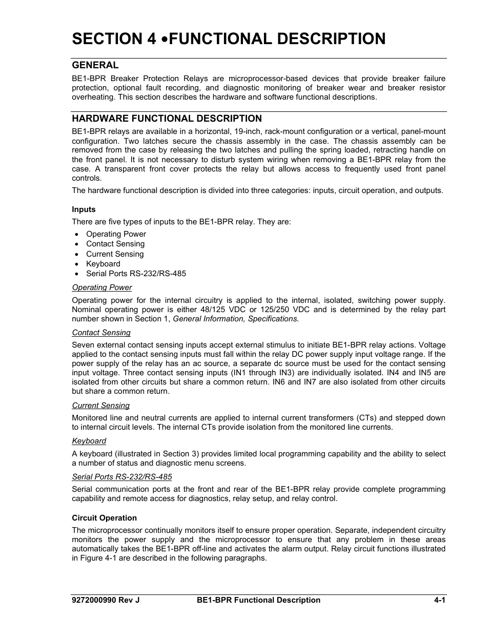 General, Hardware functional description, Inputs | Operating power, Contact sensing, Current sensing, Keyboard, Serial ports rs-232/rs-485, Circuit operation, Section 4 •functional description -1 | Basler Electric BE1-BPR User Manual | Page 53 / 182