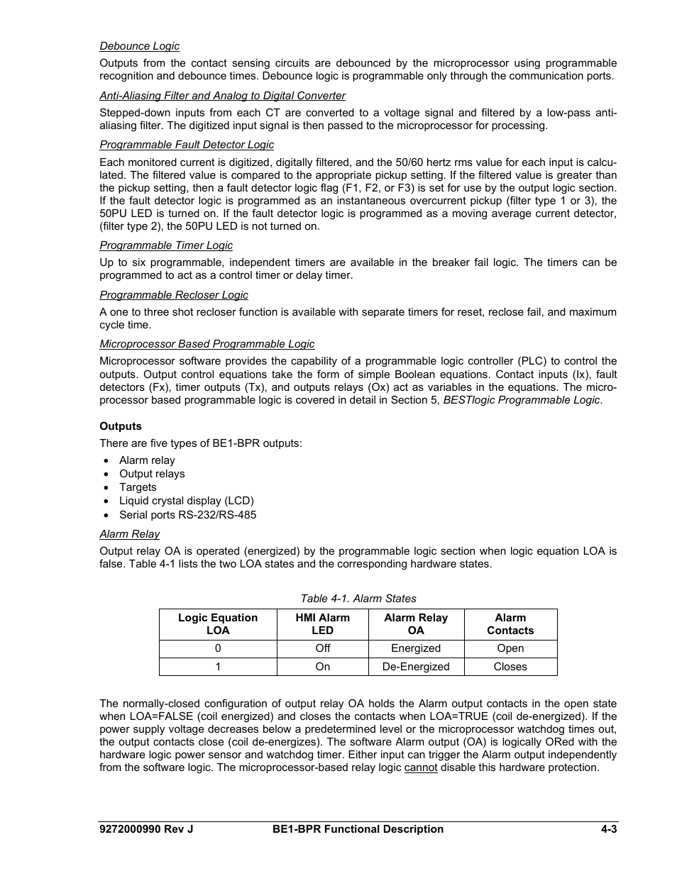 Debounce logic, Programmable fault detector logic, Programmable timer logic | Programmable recloser logic, Microprocessor based programmable logic, Outputs, Alarm relay, Outputs -3, Table 4-1. alarm states | Basler Electric BE1-BPR User Manual | Page 55 / 182