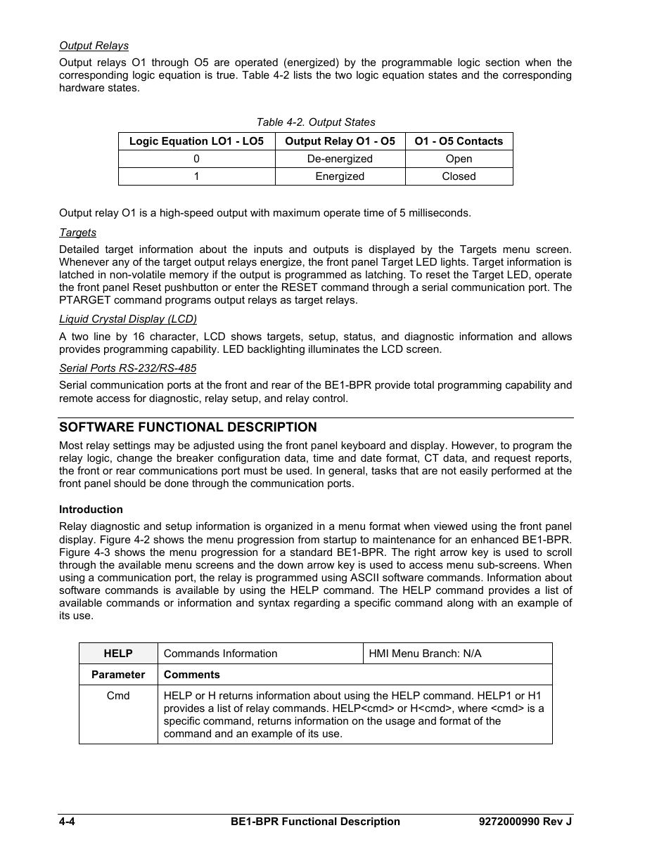 Output relays, Targets, Liquid crystal display (lcd) | Serial ports rs-232/rs-485, Software functional description, Introduction, Software functional description -4, Introduction -4, Table 4-2. output states | Basler Electric BE1-BPR User Manual | Page 56 / 182
