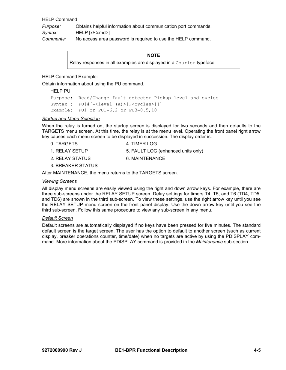 Startup and menu selection, Viewing screens, Default screen | Basler Electric BE1-BPR User Manual | Page 57 / 182