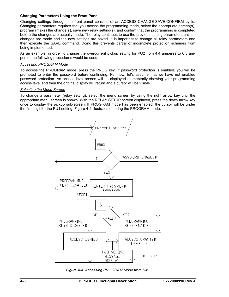 Changing parameters using the front panel, Accessing program mode, Selecting the menu screen | Changing parameters using the front panel -8, Figure 4-4. accessing program mode from hmi | Basler Electric BE1-BPR User Manual | Page 60 / 182