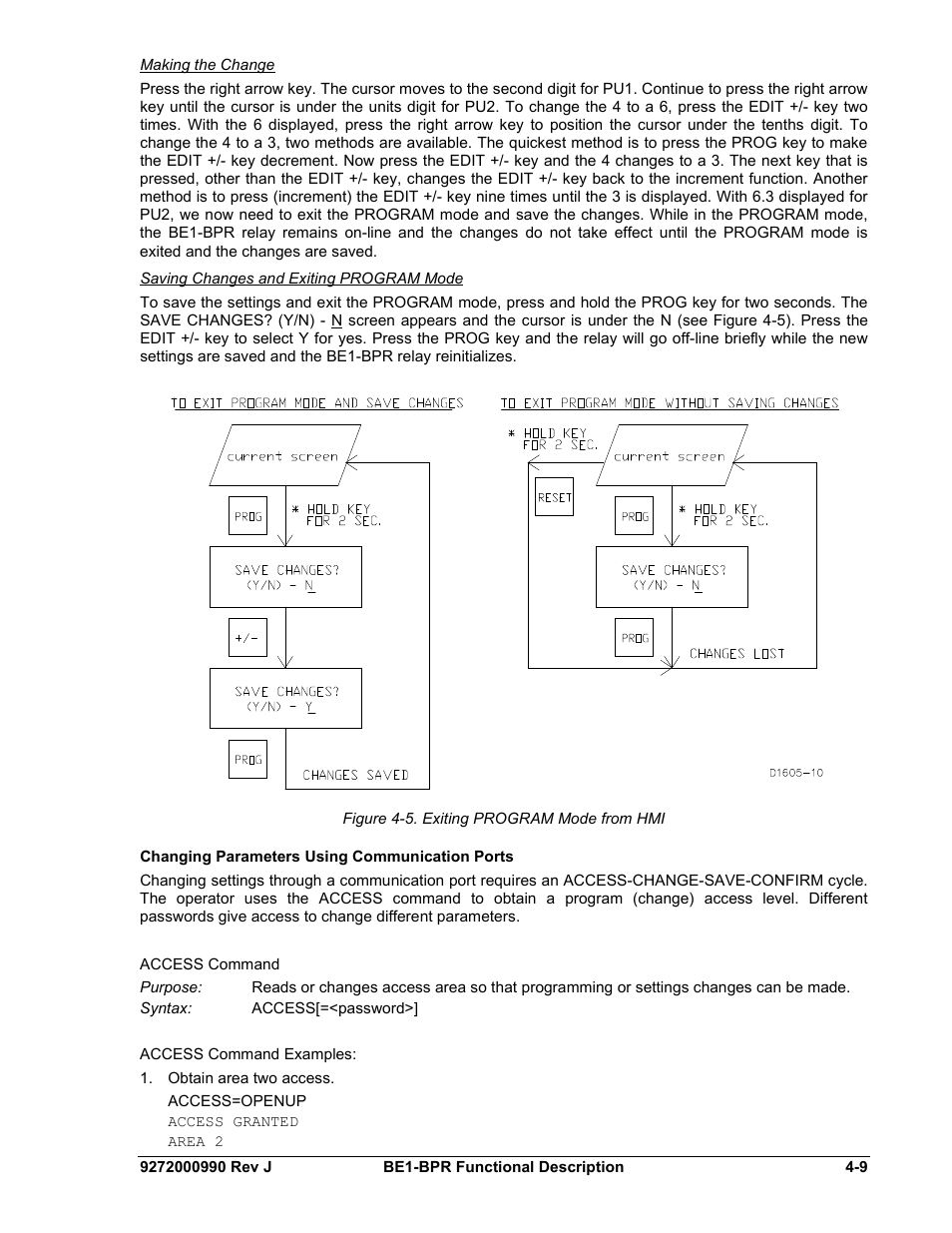 Making the change, Saving changes and exiting program mode, Changing parameters using communication ports | Changing parameters using communication ports -9, Figure 4-5. exiting program mode from hmi | Basler Electric BE1-BPR User Manual | Page 61 / 182