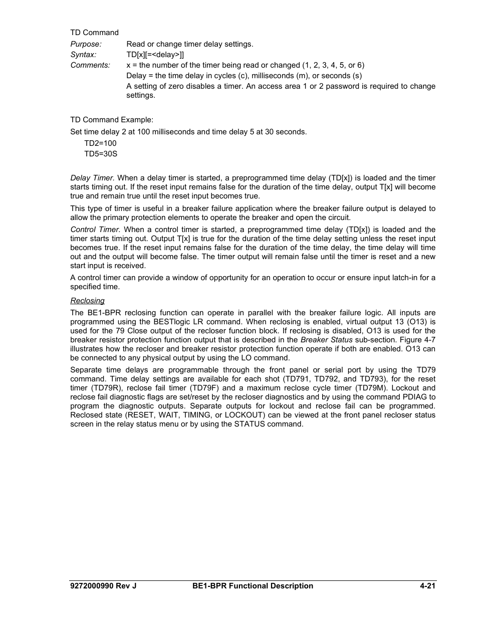Reclosing | Basler Electric BE1-BPR User Manual | Page 73 / 182
